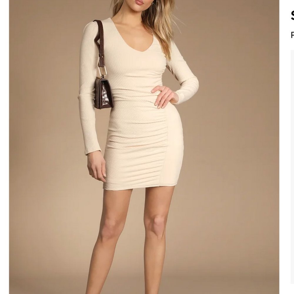 Lulus Perfectly Casual Cream Ribbed Long Sleeve Bodycon Mini Dress - Size M